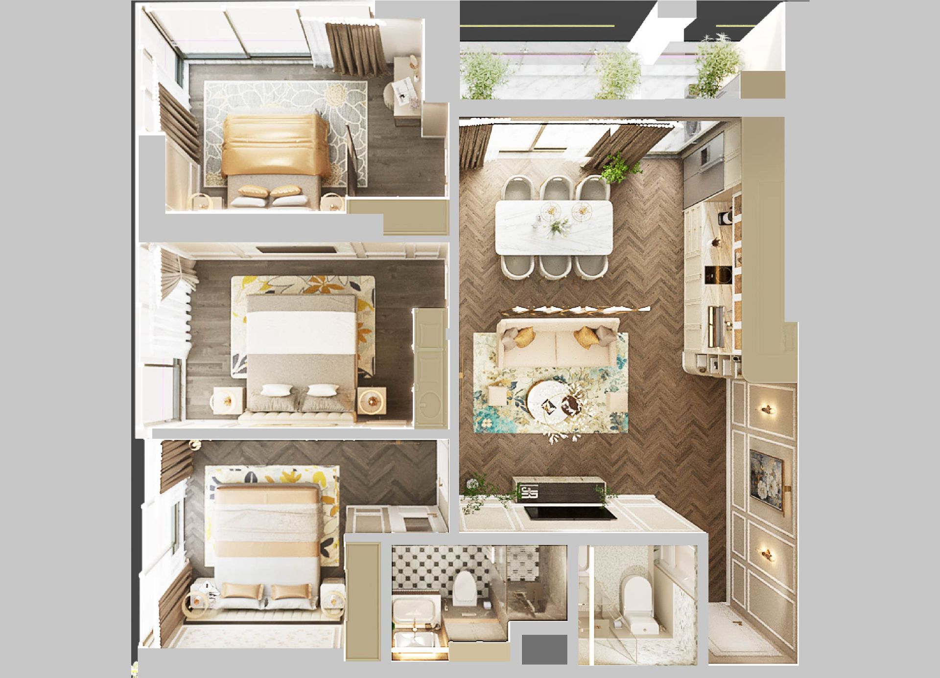 Mặt bằng căn 3PN Newtown Diamond
