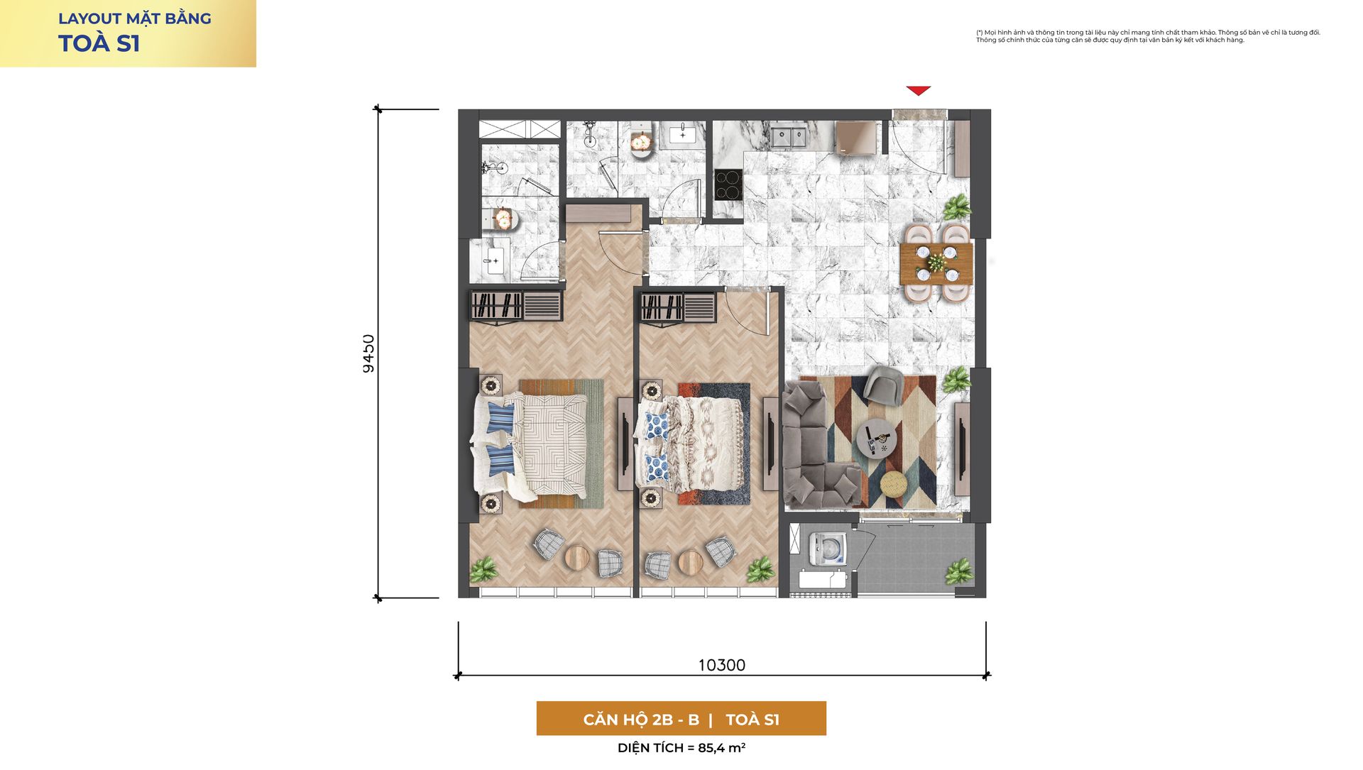 Mặt bằng căn 2PN Sun Symphony Residence