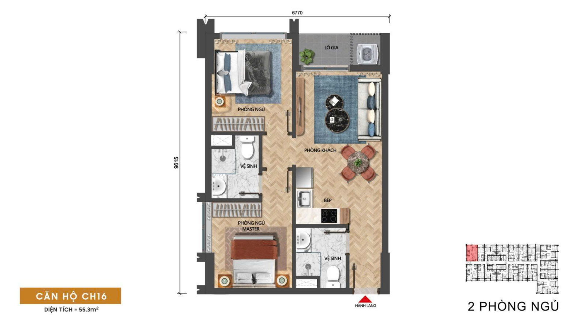 Mặt bằng căn 2PN Sun Solar Residence