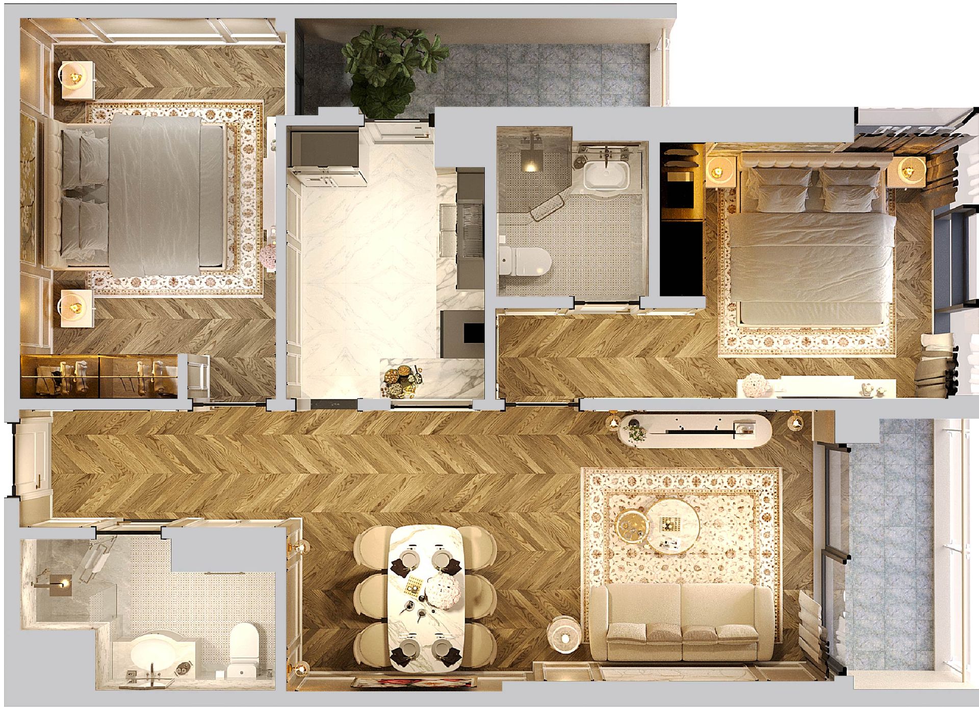 Mặt bằng căn 2PN Newtown Diamond