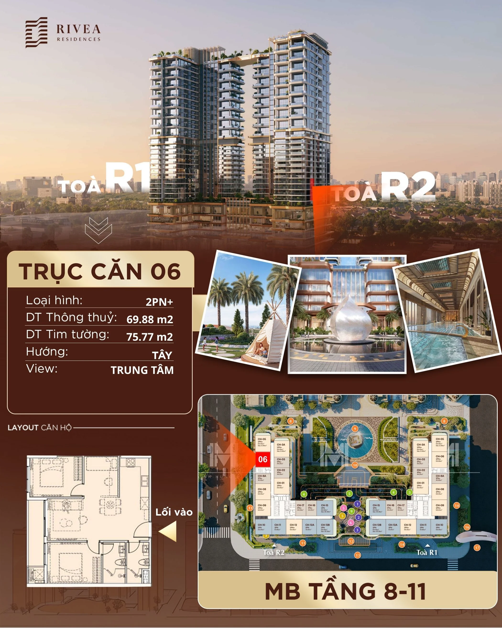 Bán gấp căn hộ 2 phòng ngủ + | 69,88 m2 | Giá 7,83  tỷ – Rivea Residences – Mã căn R2.10.06 | Hướng Tây