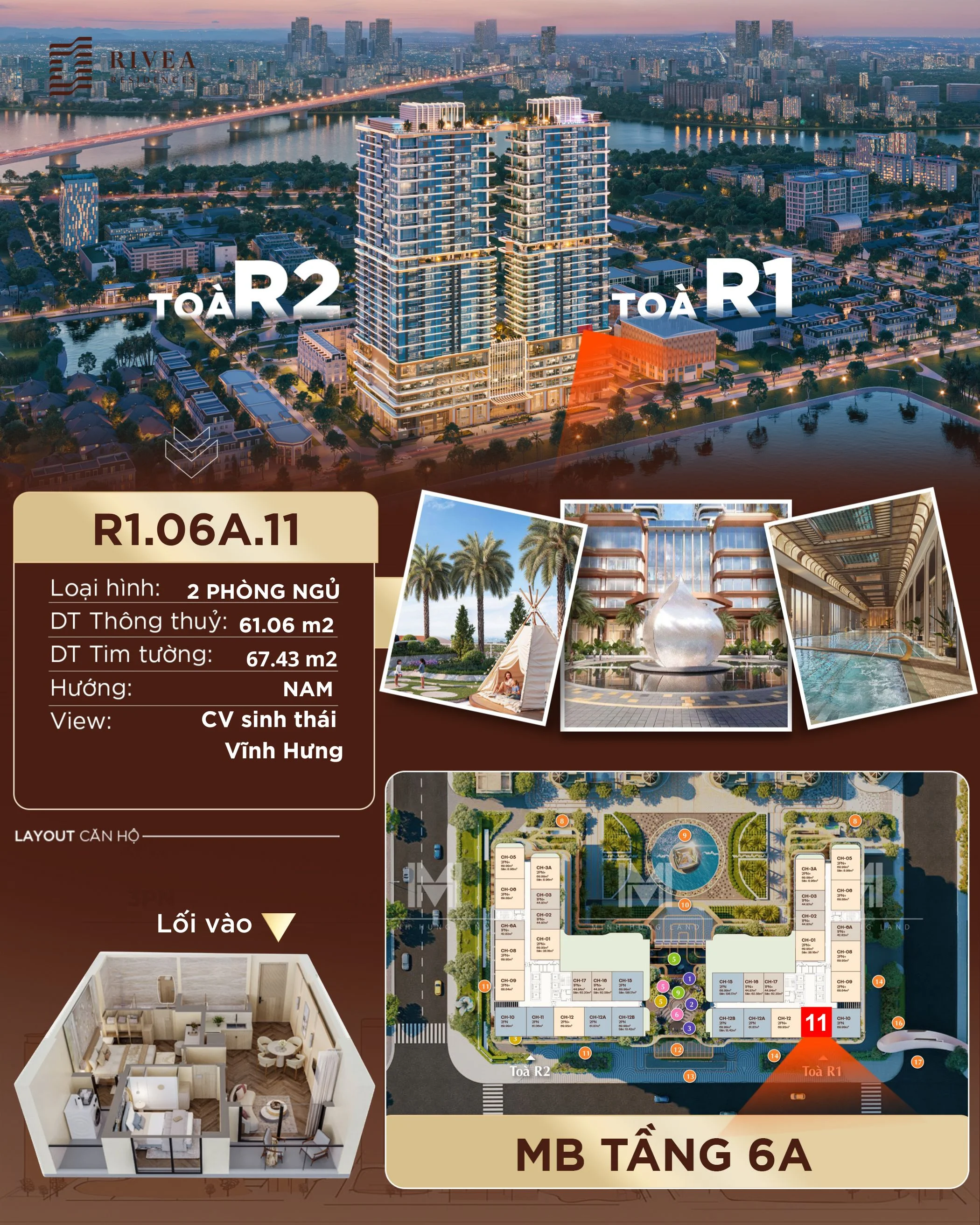 Bán nhanh căn hộ 2 phòng ngủ | 61,06 m2 | Giá 7,36 tỷ – Rivea Residences – Mã căn R1.06A.11 | Hướng Nam