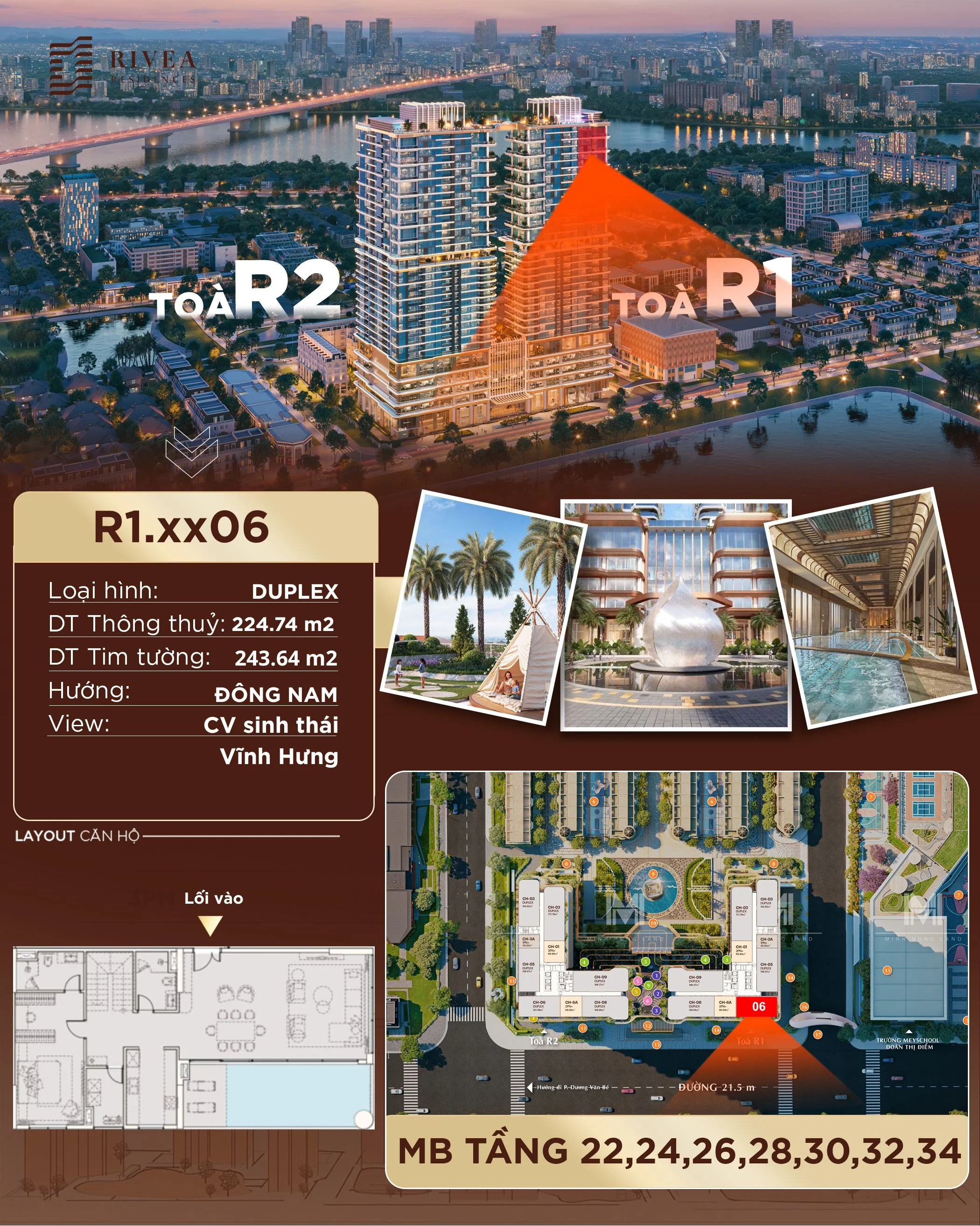 Bán căn hộ Duplex – 224,74m2 | Giá 25,32 tỷ | R1.32.06 | Căn góc | Hướng Đông Nam – Rivea Residences