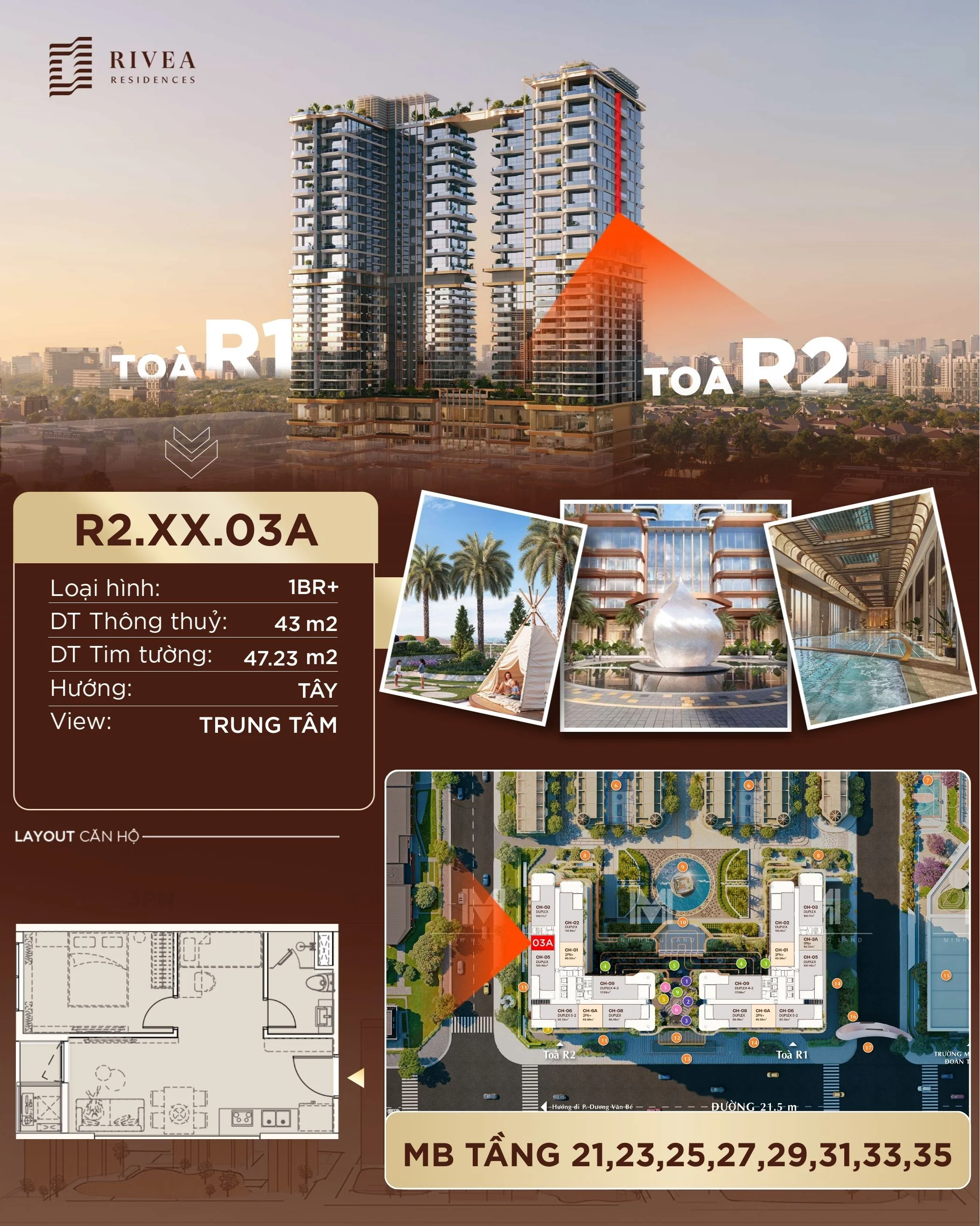 Bán căn hộ 1 phòng ngủ+ | 43m2 | Giá 	5,47 tỷ – Rivea Residences – Mã căn R2.33.03A | Hướng Tây
