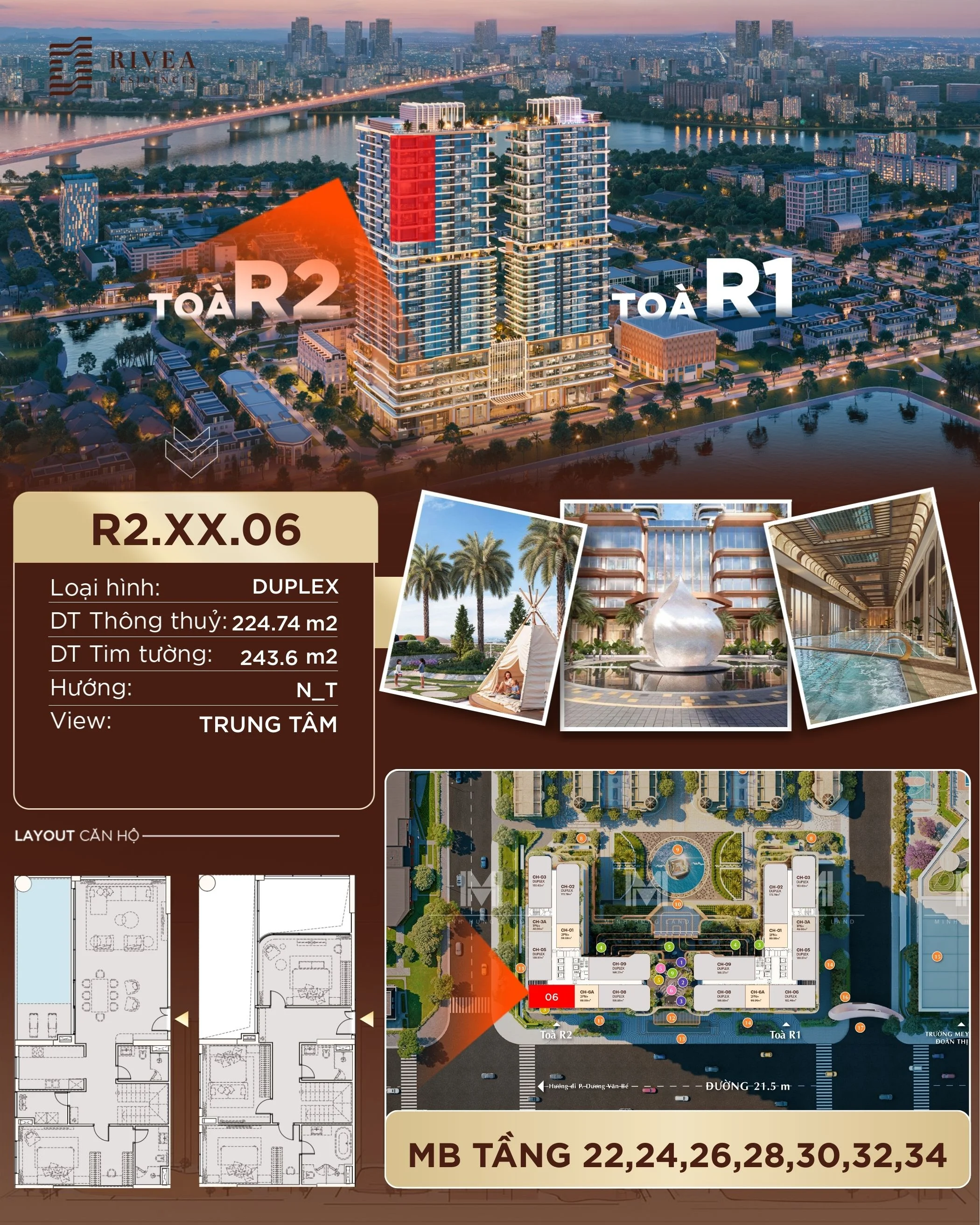 Bán căn hộ Duplex – 224,74m2 | Giá 24,76 tỷ | R2.26.06 | Căn góc | Hướng Tây Nam – Rivea Residences