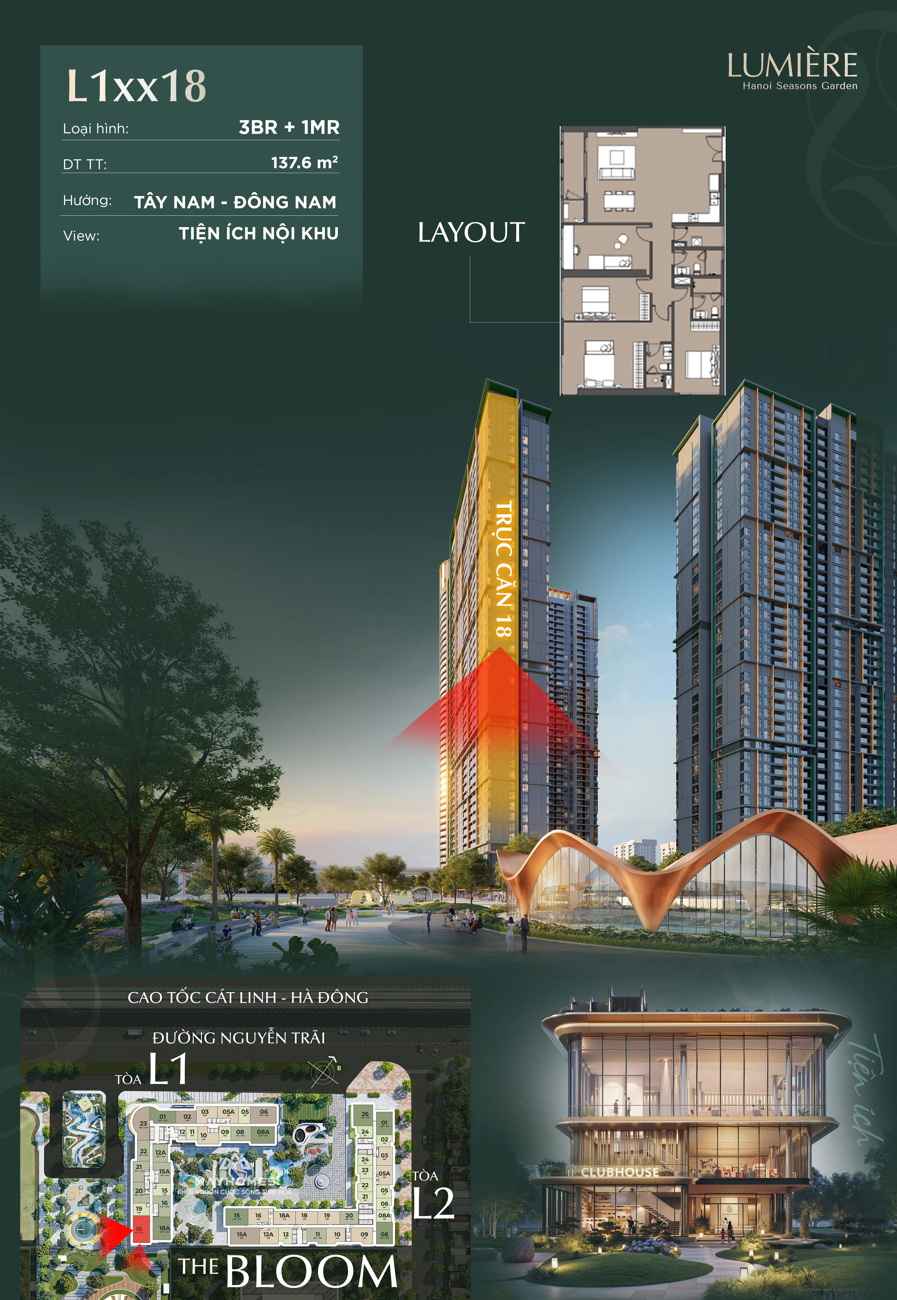 Bán căn hộ 3 phòng ngủ | 137,6m2 | 21,95 tỷ | Căn góc | Hướng ĐN-TN | Tầng 33 – Lumiere Hanoi Seasons Garden – Mã căn HH-A-33-18 | Tòa L1