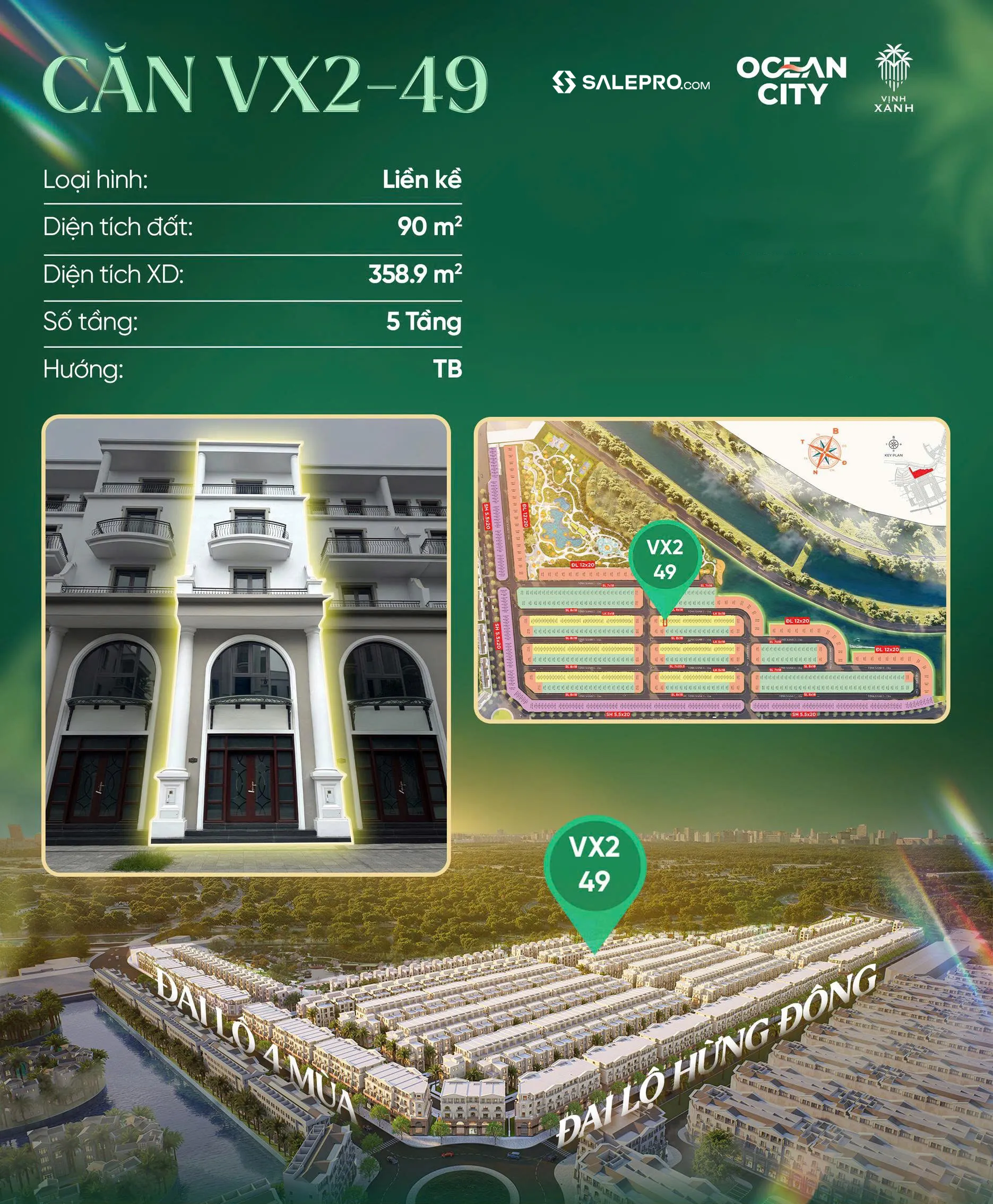Bán liền kề 90m2 | 5 tầng | Giá 12,42 tỷ – Phân khu Vịnh Xanh – Vinhomes Ocean Park 3 – Mã căn VX2-49 | Hướng Tây Bắc